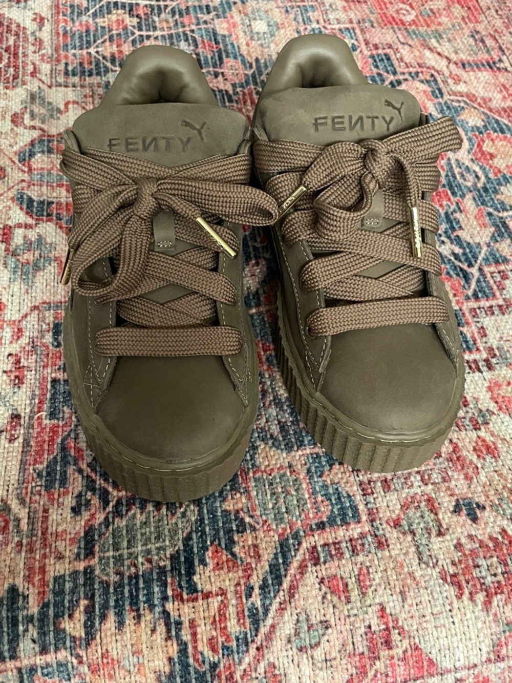 Fenty Beauty Brown Suede Platform Sneakers with Gold Accents